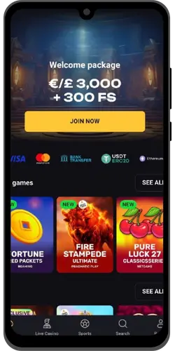 Casino mobile app home page with welcome bonus