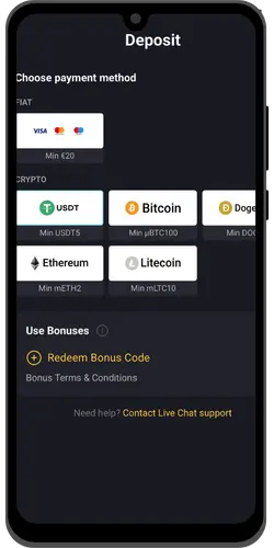 Casino deposit page with fiat and crypto payment options