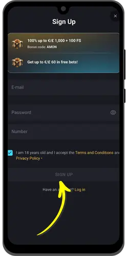 Casino Sign Up registration form on mobile